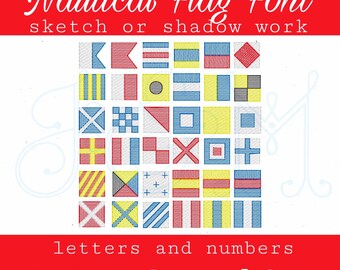 Nautical Flag Letters and Numbers Sketch Fill or Shadow Bean Stich Outline Font Alphabet Vintage Style Machine Embroidery Design