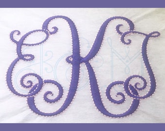 The Leigh Fancy Font - Curly Swirl Monogram - Satin Stitch with Bean Running Stitch Outline with BX Format Vintage Style Machine Embroidery