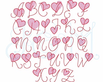 Valentine's Day Heart Monogram Script Font Bean Stitch Vintage Stitch Style Machine Embroidery Design