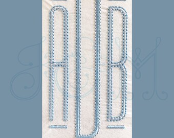 Massey Monogram Font - Tall Thin Satin Stitch with Bean Running Stitch Outline with BX Format Vintage Style Machine Embroidery Design