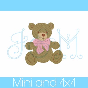 Sweet Baby Teddy Bear with Ribbon Bow Sketch Fill Bean Stitch Outline Vintage Style Machine Embroidery Design