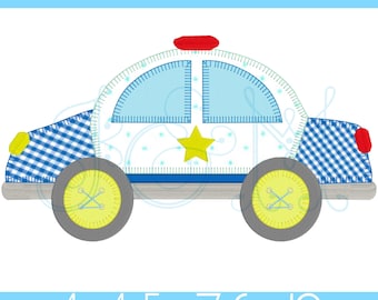 May include: A blue and white police car with a yellow star on the side. The car has a checkered pattern on the sides and a red light on top.