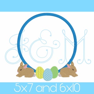Easter Bunny and Egg Trio Monogram Frame Circle Border Satin Stitch and Fill Stitch Vintage Style Machine Embroidery Design