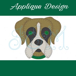 May include: Applique design of a brown and white boxer dog with green eyes. The dog is wearing a green collar.