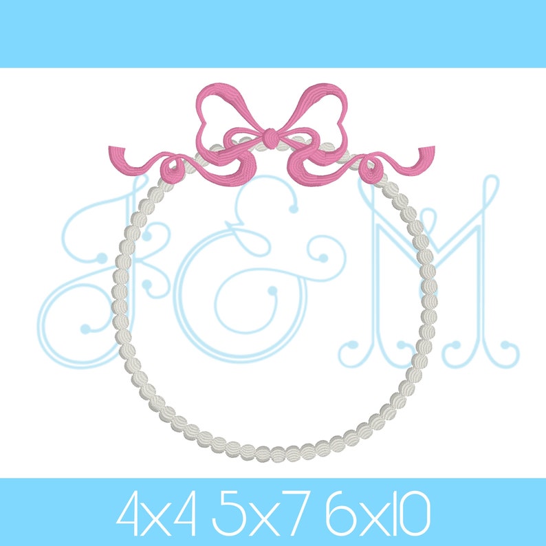 May include: A monogram embroidery design featuring a pearl circle with a pink bow on top. The letters "J & M" are in a script font inside the circle. The design is available in 4x4, 5x7, 6x10 hoop sizes.