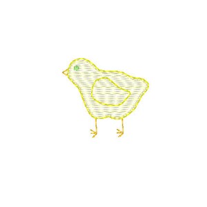 Op de afbeelding: Een geel kuiken met een groen oog en oranje poten. Het kuiken staat op een witte achtergrond.