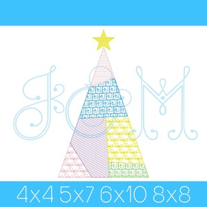 May include: A geometric Christmas tree design with a yellow star on top. The tree is composed of various patterned sections in blue, pink, purple, and yellow. The text "4x4 5x7 6x10 8x8" is at the bottom.