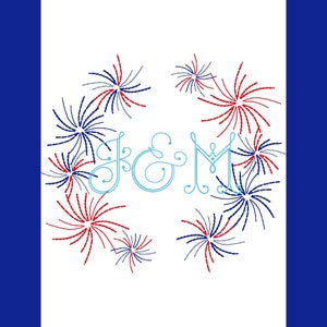 Vintage Stitch Fourth of July Sketch Monogram Frame Wreath with Fireworks Embroidery Design
