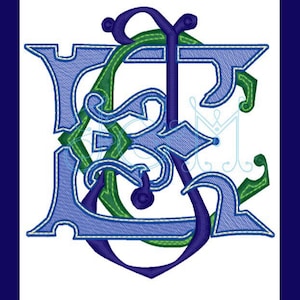 以下が含まれることがあります： 青と緑の配色で、EとSの文字が絡み合ったモノグラム。文字は複雑な装飾でスタイリッシュにデザインされ、白で縁取られています。