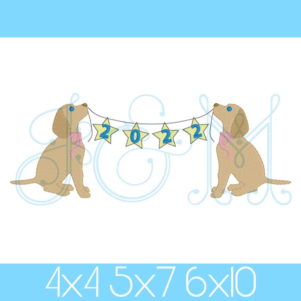 New  Year 2022 Lab Puppy Dogs with Bows Holding Star Bunting Flags Sketch Fill Bean Stitch Outline Vintage Style Machine Embroidery Design