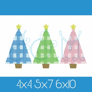 Pastel Plaid Christmas Tree with Star Trio Line of Three in a Row Sketch Fill Vintage Style Machine Embroidery Design