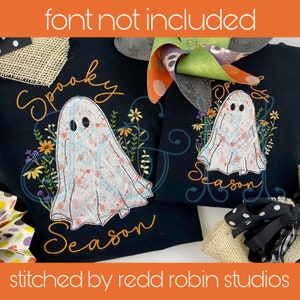 Fantôme classique avec fleurs sauvages Boho Halloween Spooky Season Bean Stitch Applique vintage Style Machine Embroidery Design