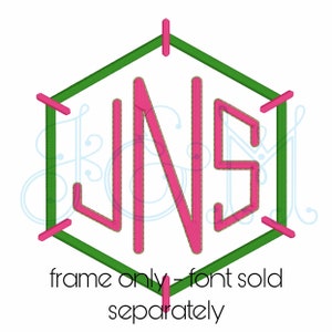 May include: Green hexagonal frame with pink letters "JNS" inside. The text "frame only - font sold separately" is below the frame.
