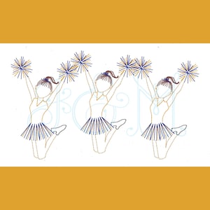 May include: Three cheerleaders with brown hair and yellow and blue uniforms are jumping in the air, holding blue and gold pom-poms.