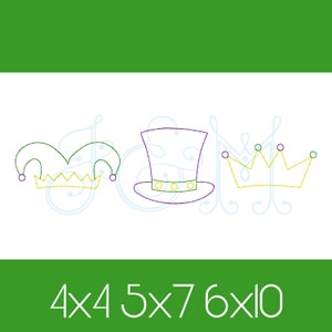 Mardi Gras Hats Trio with Crown Line of Three in a Row Bean Stitch Outline Vintage Style Machine Embroidery Design