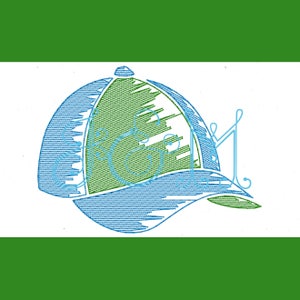 May include: A blue and green baseball cap with a stitched design. The cap has a curved brim and a rounded crown.