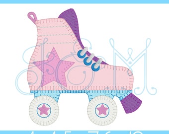 May include: Pink roller skate with purple accents and a pink star on the side. The wheels are white with pink stars. The skate is a digital embroidery design available in 4x4, 5x7, and 6x10 sizes.