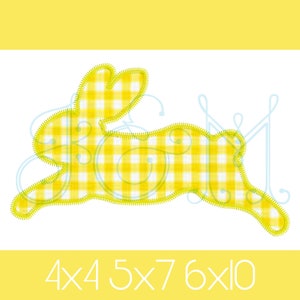 May include: Yellow gingham bunny rabbit applique embroidery design in 4x4, 5x7, and 6x10 hoop sizes.