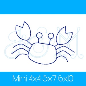 Può includere: Un contorno blu di un granchio con due piccoli cerchi per gli occhi. Il testo "Mini 4x4 5x7 6x10" è sotto il granchio.