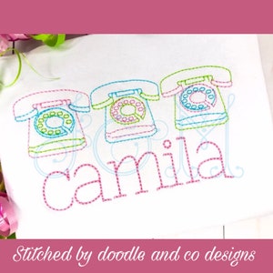 Old Fashioned Telephone Trio Three in a Row Line Bean Stitch Sketch Outline Vintage Style Machine Embroidery Design