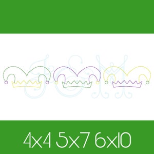 Peut inclure: Trois chapeaux de bouffon de Mardi Gras de différentes couleurs. Les chapeaux sont soulignés en vert, violet et or. Les chapeaux mesurent 4x4, 5x7 et 6x10 pouces.