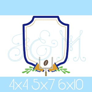 Football Team Megaphone & Goalpost Monogram Frame Crest Shield Fill and Satin Stitch Vintage Style Machine Embroidery Design