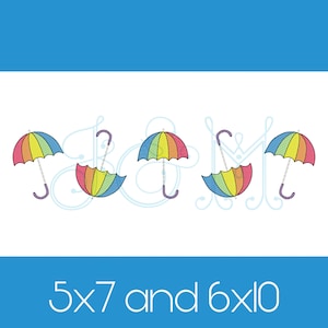 Rainbow Umbrella Scatter Line of 5 in a Row Sketch Fill Bean Stitch Outline Vintage Style Machine Embroidery Design