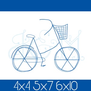 May include: A blue line drawing of a bicycle with a basket on the handlebars. The bicycle has a white background with blue swirls behind it. The text "4x4 5x7 6x10" is printed below the bicycle.