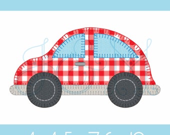 May include: Red and white checkered car applique with blue windows. The car has a gray bottom and black wheels. 4x4 5x7 6x10