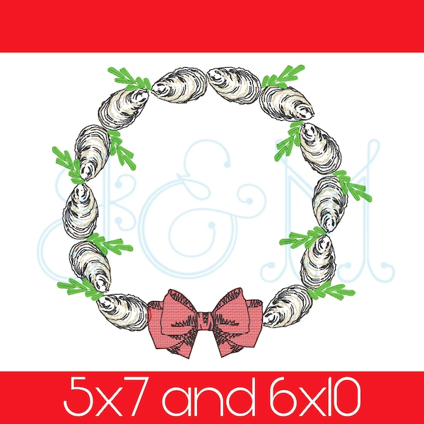 Oyster Shell Coastal Christmas Wreath with Heirloom Bow Sketch Fill Bean Stitch Vintage Style Machine Embroidery Design