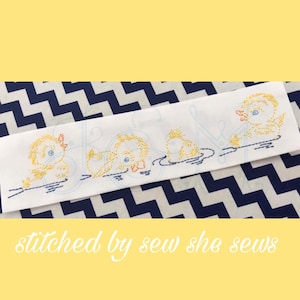 Baby Duckling Swimming Line of Four Stem and Bean Stitch Sketch Outline Vintage Style Machine Embroidery Design