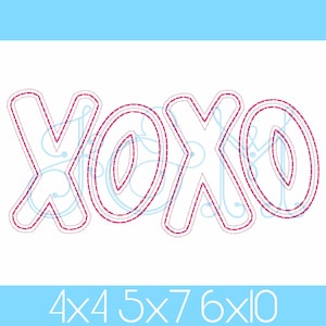 May include: Embroidered design of the letters "XOXO" in a pink outline on a white background. The letters are outlined with a pink stitch and have a white interior.