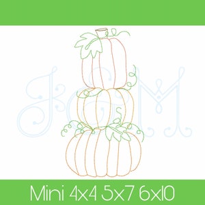 May include: A stack of three orange pumpkins with green leaves and vines. The pumpkins are outlined in brown and the leaves are outlined in green. The text "Mini 4x4 5x7 6x10" is at the bottom of the image.