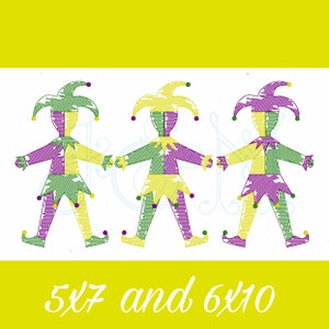Mardi Gras Jester Paper Doll Chain Trio Line of Three Row Sketch Scribble Fill Bean Stitch Outline Vintage Style MAchine Embroidery Design