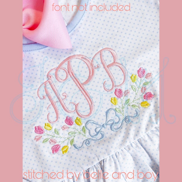 Tulp Heirloom Noel Bow Border Floral Flower Monogram Frame Lijn Satijn Steek Outline Vintage Stijl Machine Borduurwerk Ontwerp
