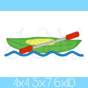 May include: Green kayak with a red paddle floating on blue water waves.