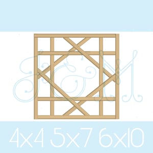 May include: A wooden lattice with a square shape and a criss-cross pattern. The lattice is made of thin wooden strips and has a natural wood color. The lattice is 4x4, 5x7, and 6x10 inches.