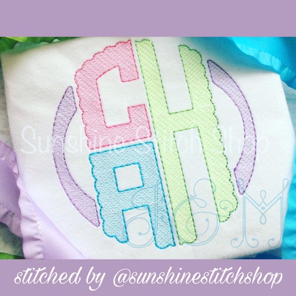 Scalloped Stacked Three Letter Sketch Fill or Shadow Work Embroidery Quick Stitch Vintage Style Machine Embroidery Design *READ DESCRIPTION*