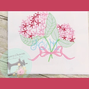 Hydrangea Floral Flower Bouquet with Bow Shadow Work Sketch Fill Bean Stitch Outline Vintage Style Machine Embroidery Design