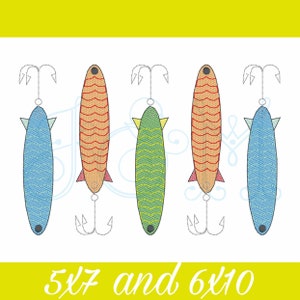 Striped Fishing Lure Line of 5 Sketch Fill Bean Stitch Outline Vintage Style Machine Embroidery Design