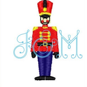 May include: A red and blue toy soldier with a black hat and a white plume. The soldier is standing with its arms at its sides. The background is white with blue swirls.