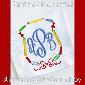 Back to School Supplies and Bow Monogram Frame Crest Shield Fill Stitch and Satin Stitch Vintage Style Machine Embroidery Design