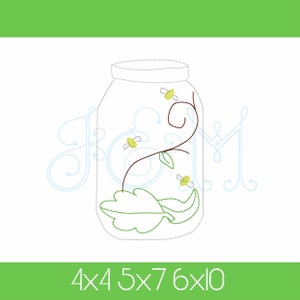 May include: A digital embroidery design of a mason jar with a green vine and yellow bees inside. The design is available in 4x4, 5x7, 6x10 hoop sizes.