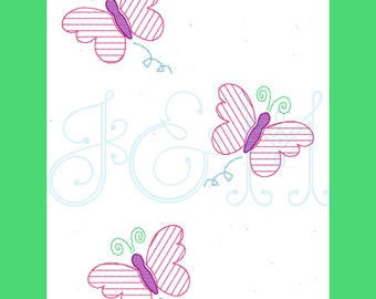 Butterfly Trio Sketch Stripe Line Row of Three Vintage Stitch Sketch Machine Embroidery Design