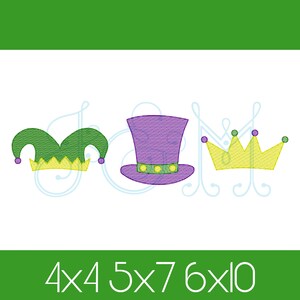 Mardi Gras Hats Trio with Crown Line of Three in a Row Sketch Fill Bean Stitch Outline Vintage Style Machine Embroidery Design