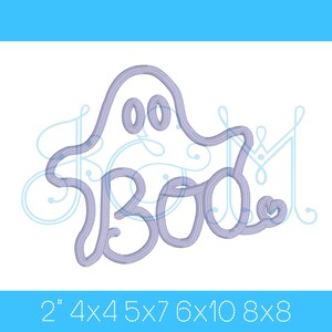 May include: A light purple machine embroidery design featuring a ghost outline with the word Boo integrated into the shape. Below the design, the text 2" 4x4 5x7 6x10 8x8 is displayed in white, indicating the available sizes in inches.
