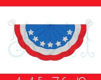 Patriotic July Fourth American Bunting Banner with Bows Sketch Fill Bean Stitch Outline Vintage Style Machine Embroidery Design