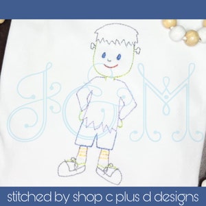 Frankenstein Monster Boy Trick or Treater in Sneakers Costumes Halloween Bean Stitch Outline Vintage Style Machine Embroidery Design