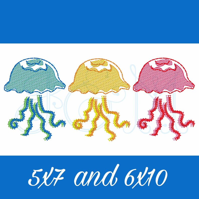 Doodle Jellyfish Trio Chain Stitch Sea Animal Creature Ocean Line of 3 Row Sketch Fill Bean Stitch Vintage Style Machine Embroidery Design image 2