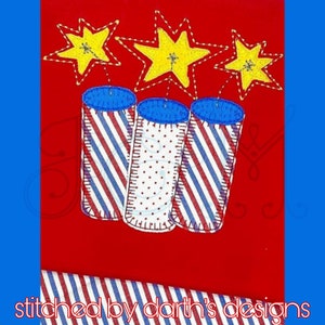 Fourth of July Patriotic Firework Trio Bundle with Sparks Blanket Stitch Applique Vintage Style Machine Embroidery Design